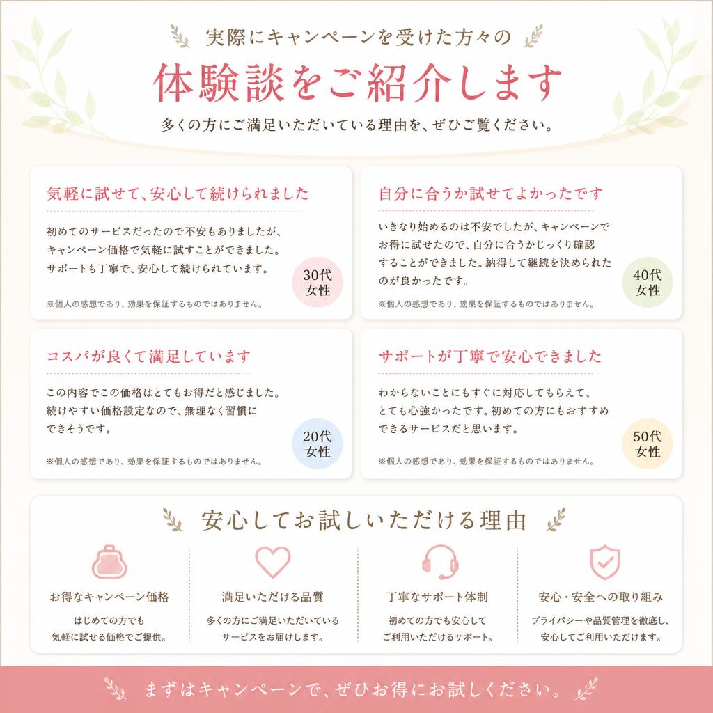 4. 体験者の声 - リアルな感想で信頼感を持っていただく